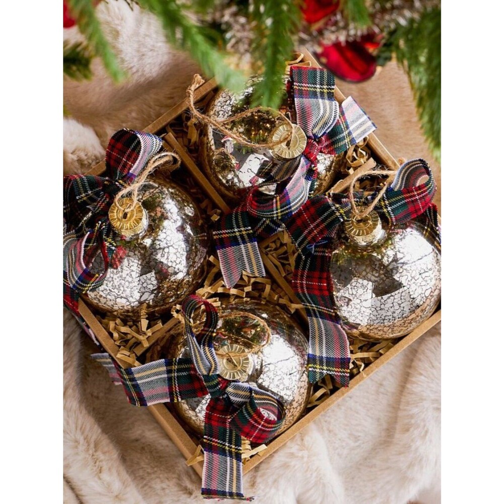 Pottery Barn Mercury Glass Ball Ornaments with Plaid Bows - Set of 4